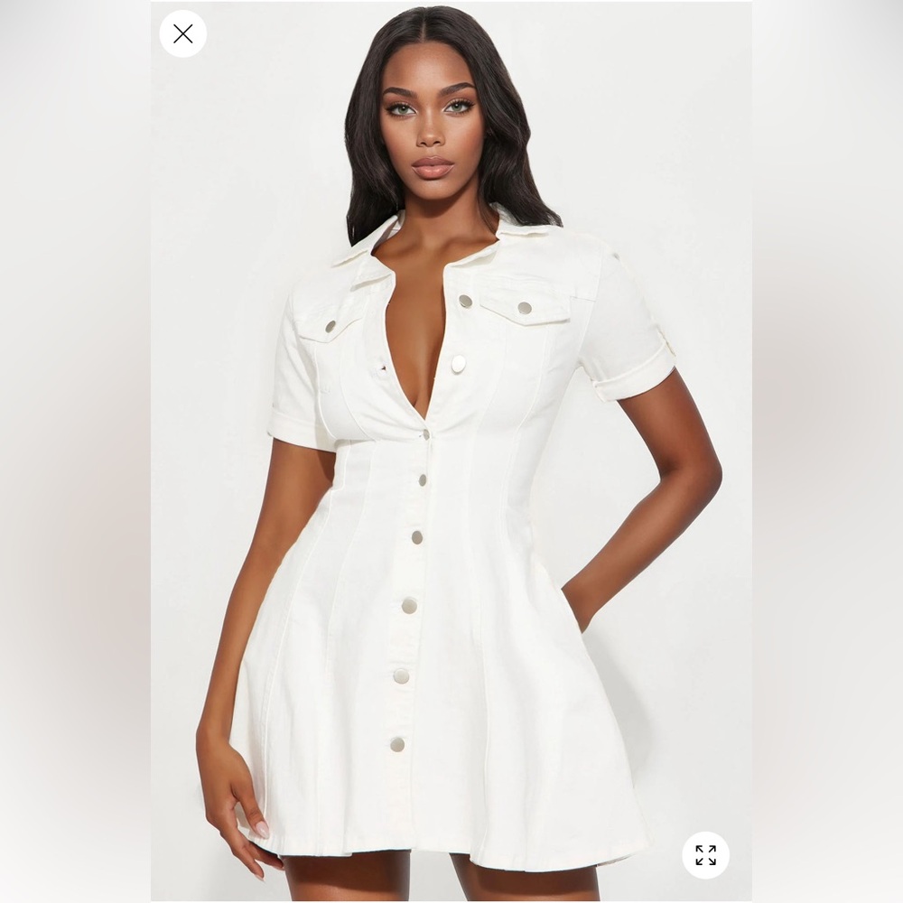 White Short Sleeve Button-Front Dress